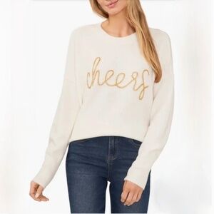 Vince Camuto Winter White Crewneck Sweater with Beaded Golden  "cheers"